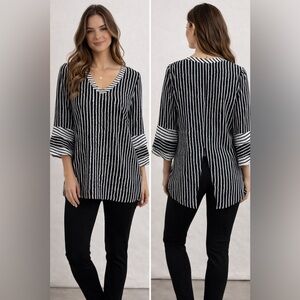 Renuar Black/White Striped Blouse with Tank Top Open Back 3 Layer 3/4 Sleeve SzS